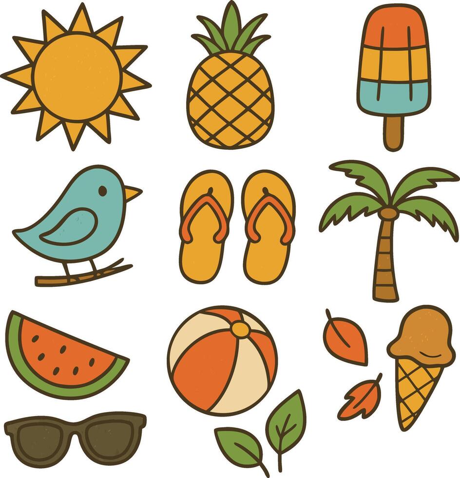 Summer icons including sun, palm tree, ice cream vector