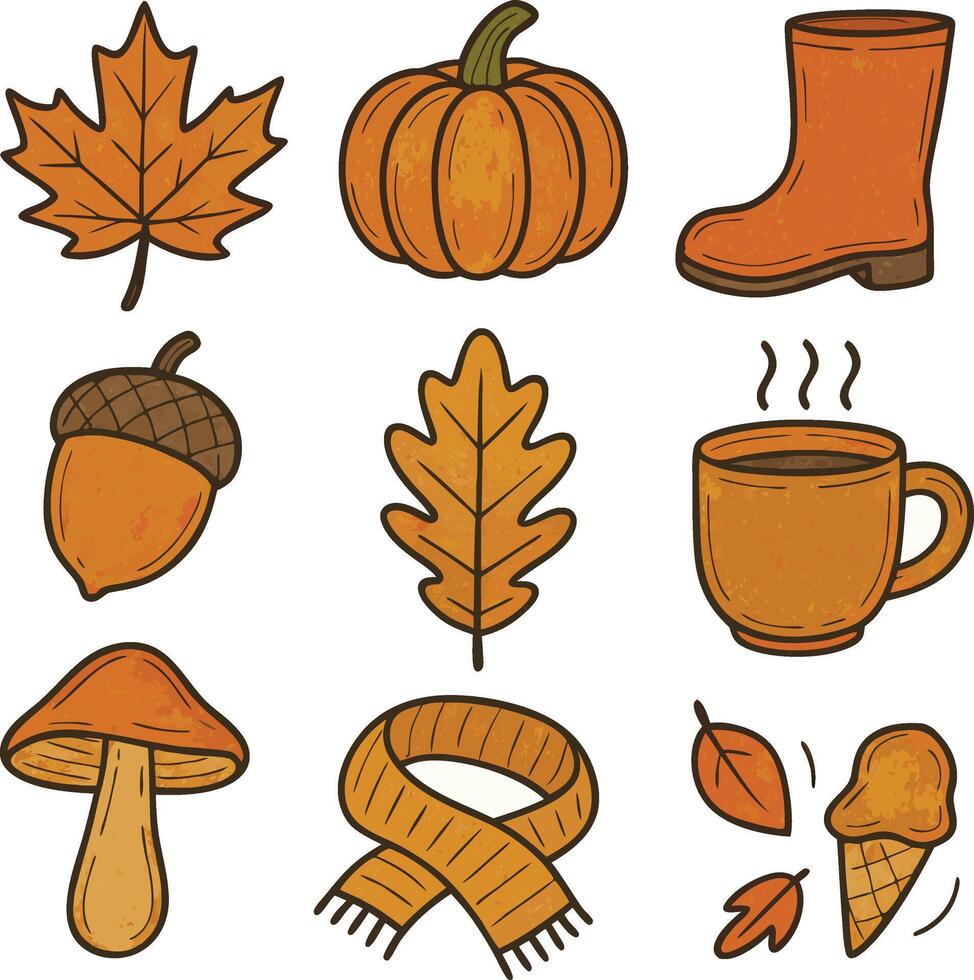 Fall leaves, pumpkin, and cozy items vector