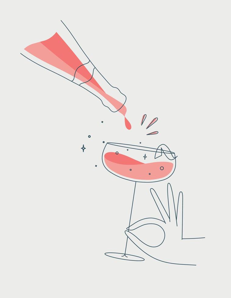 Hand holding glass of champagne and bottle drawing in flat line style on light background vector