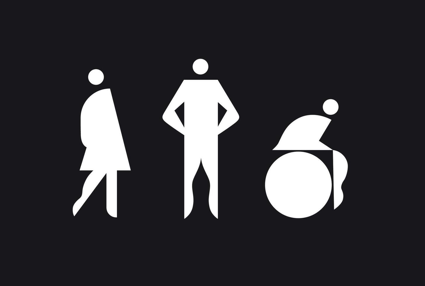 WC room icons male, female, inclusive unisex toilet drawing on black background vector