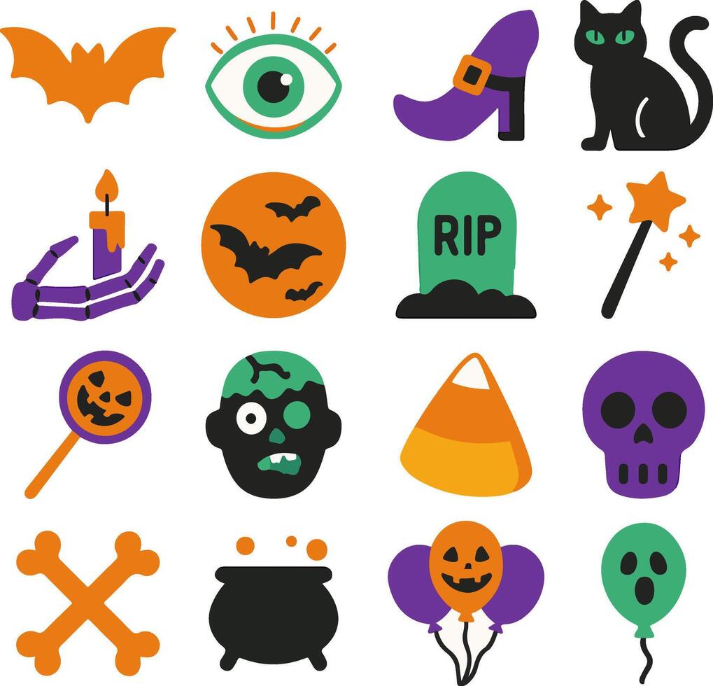 Halloween icon set with pumpkin ghost bat cat and spooky cartoon characters vector