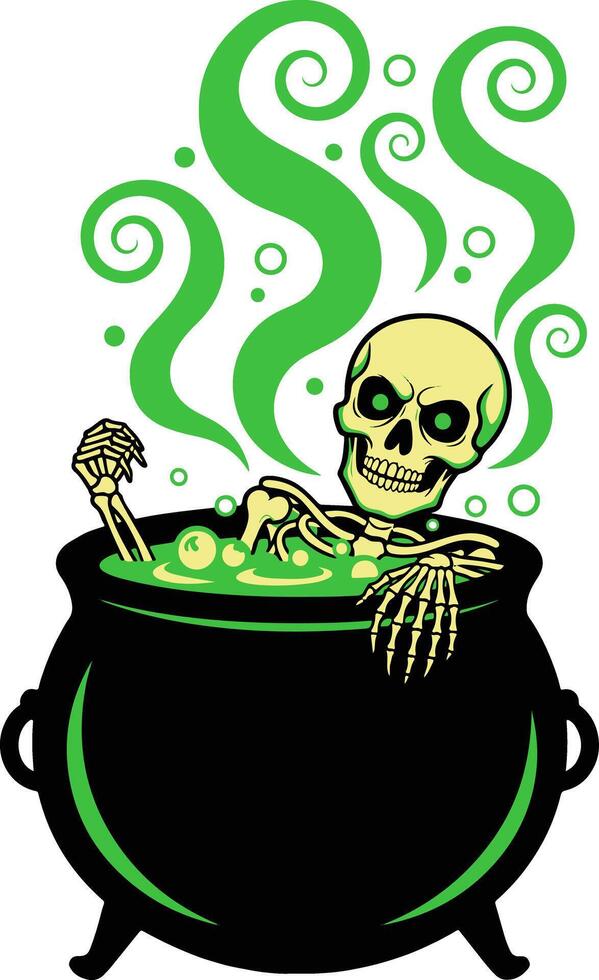 mischievous brew a skeleton bubbling cauldron caper for halloween fun vector