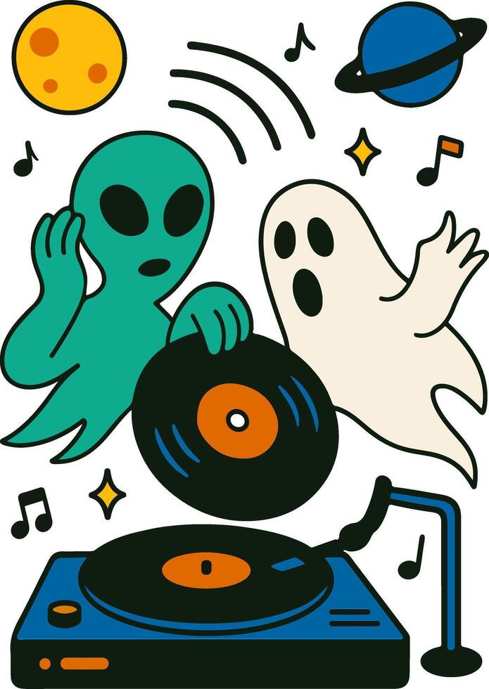 Alien and ghost spinning vinyl music on space turntable with cartoon elements vector