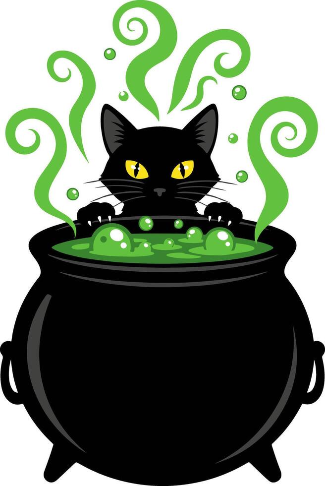 Mischievous brew a black cats bubbling cauldron caper for halloween fun vector
