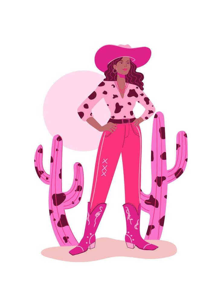 Modern portrait of a black woman wearing cowboy hat and boots. vector