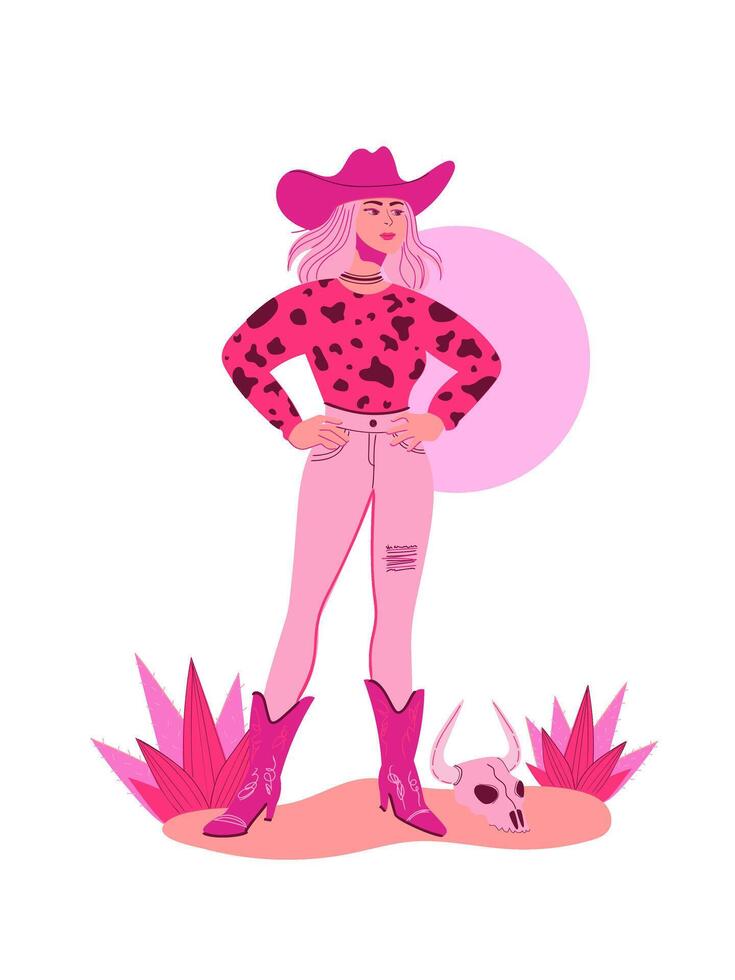 Modern portrait of a young woman wearing cowboy hat and boots. vector