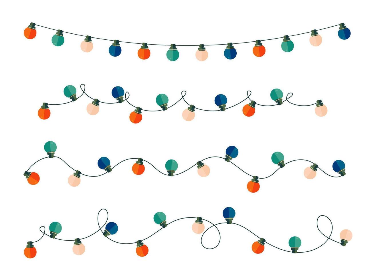 Horizontal curved Christmas light string stylized frame. Classic rounded shaped bulbs. vector