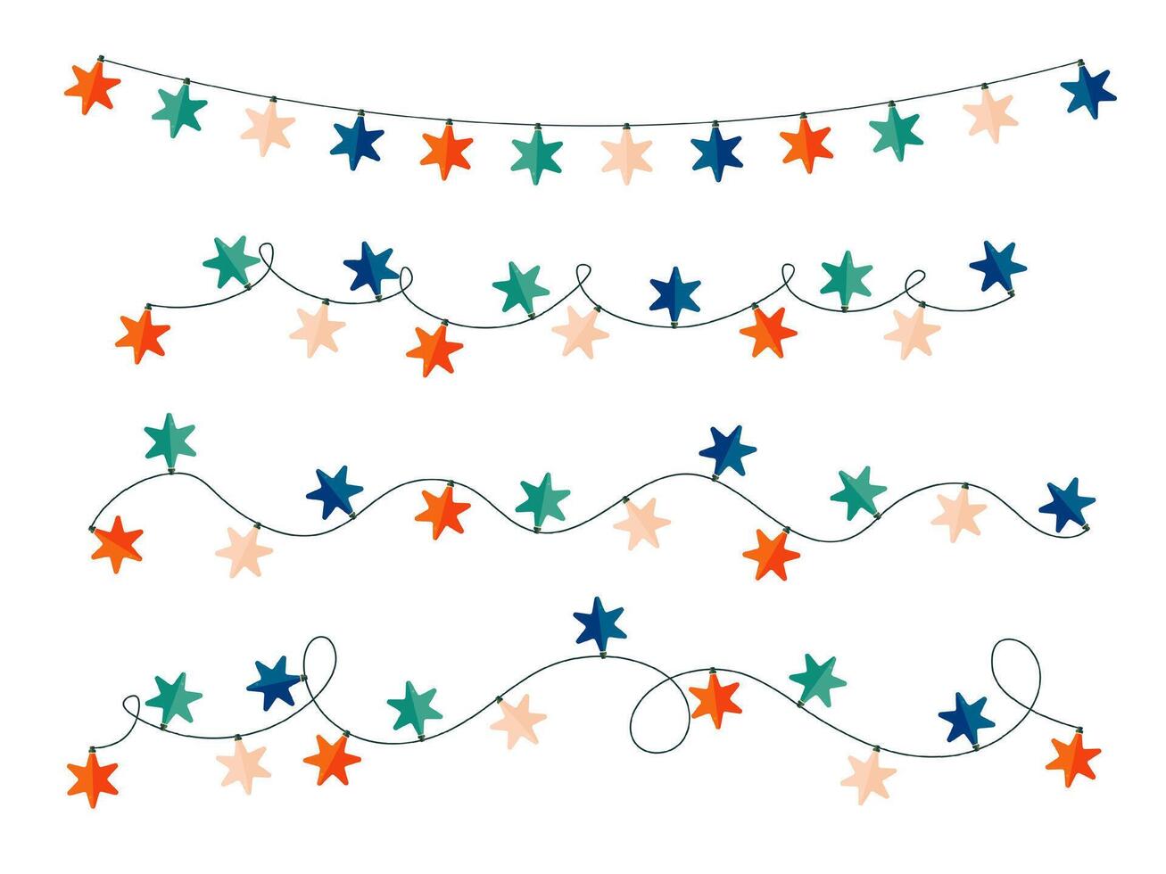 Horizontal curved Christmas light string stylized frame. Classic star shaped bulbs. vector