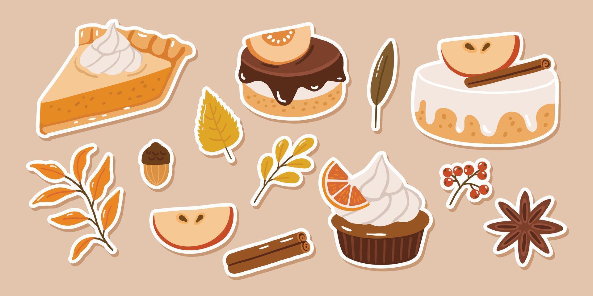 Fall desserts and decorative stickers vector