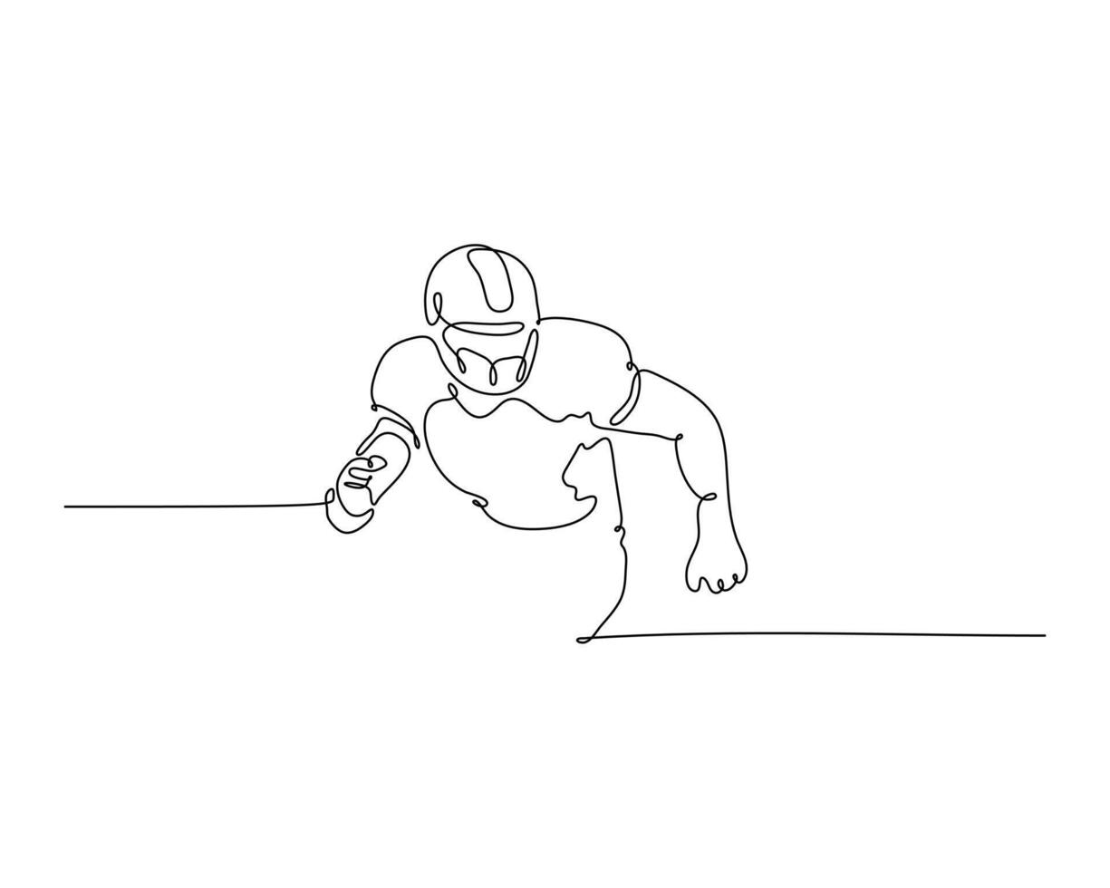 One line drawing of an American football player sprinting forward. Continuous line art style perfect for sports-themed designs, prints, and illustrations. vector