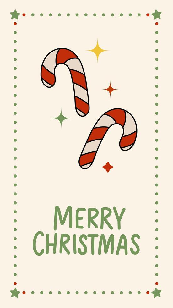Festive illustration of two striped candy canes with Merry Christmas text and decorative border. Great for holiday cards, seasonal sweets, and cheerful designs vector