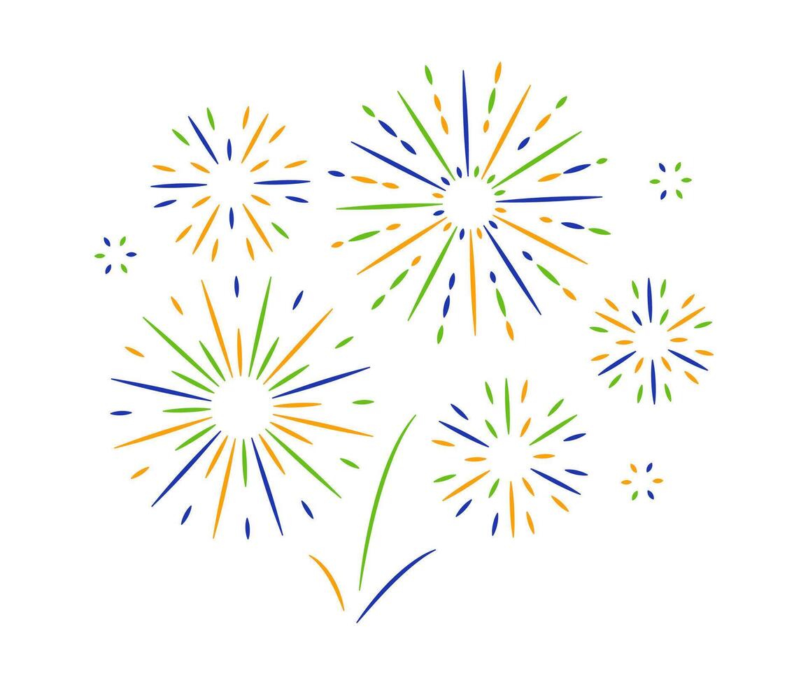 India flag color fireworks isolated on white background. Flat style round firecracker. Holiday decoration elements. Radial light beams salute sparks for independence republic day. vector