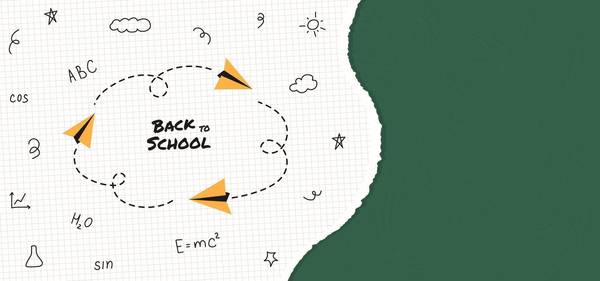 Back to School banner template with green blackboard copy space. Doodle decoration, typography and paper air plane on notebook paper sheet. Education poster card web hand drawn elements. Flat style. vector