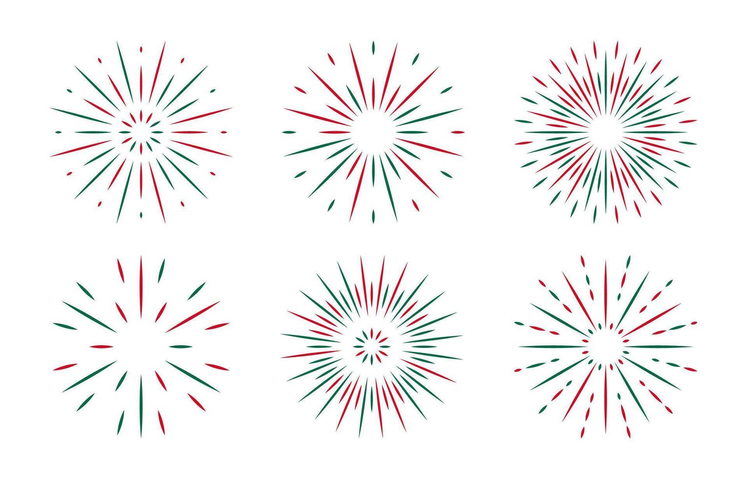 Green red Fireworks set. New Year decoration in flat style. Radiant simple sparks for banner, poster, flyer, greeting card. Explosion decorative elements. Independence day. vector