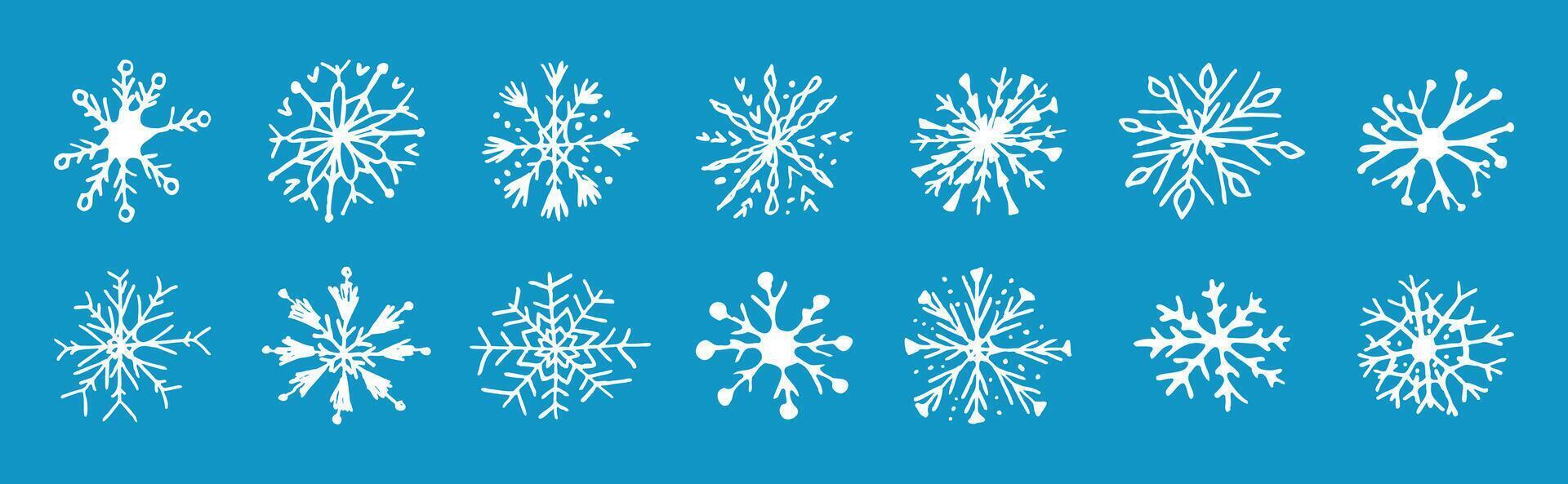 Hand drawn snowflakes set. White doodle Snow icons. Sketch grunge style. Christmas New year naive decoration element. Winter nature sign. Cold temperature weather. illustration. vector