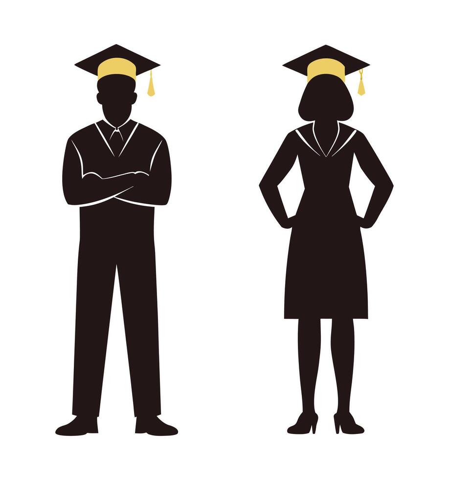 Silhouetted Graduation A Male and Female Graduate Standing Proudly in Academic Regalia Wearing Mortarboard Hats with Tassels Representing Achievement Education and the Successful Completion of vector