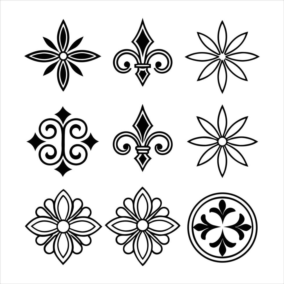 Collection of nine decorative elements including fleur de lis floral and geometric designs perfect for embellishments patterns logos and graphic design projects in black vector