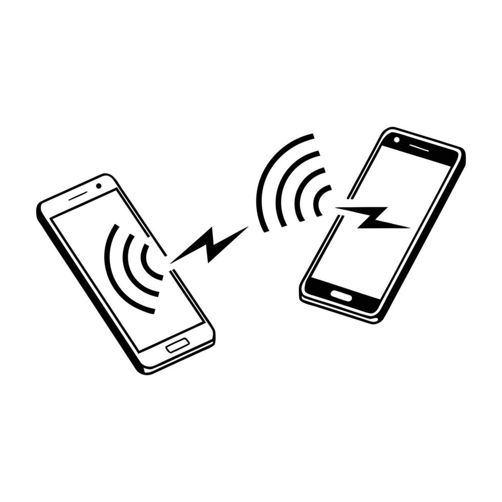 Two smartphones transferring data wirelessly with a lightning bolt connection symbolizing fast and modern technology in a clean black and white illustration for digital vector