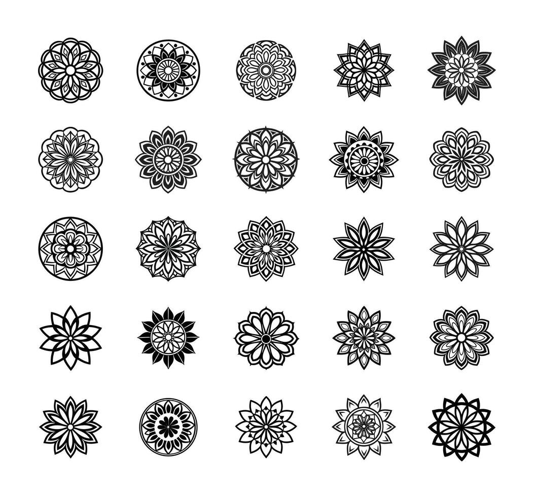 Collection of Twenty Five Unique Black and White Floral Mandala Designs Arranged in a Grid Pattern on a Clean White Background Suitable for Coloring Pages vector