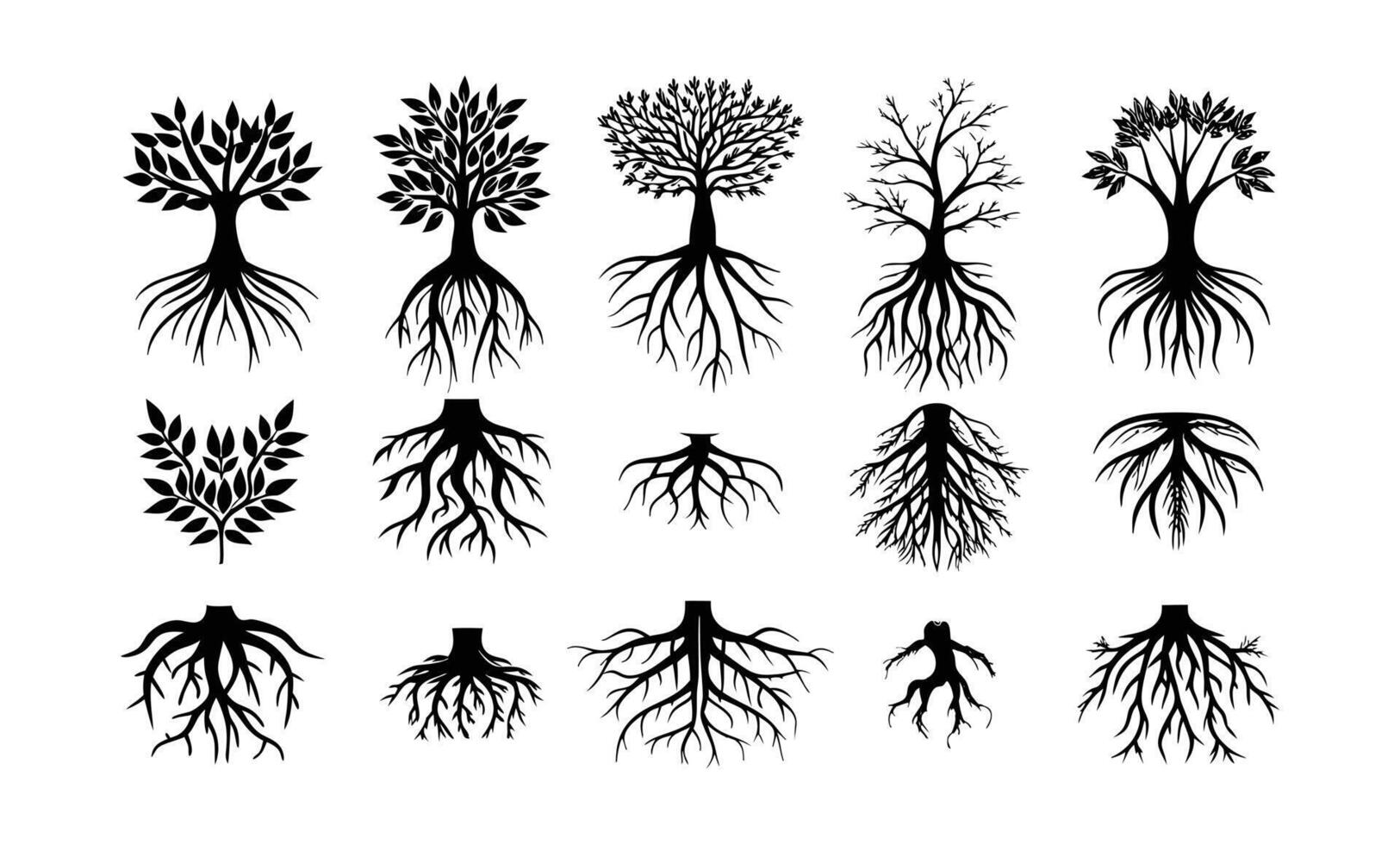 Seamless Pattern of Stylized Trees and Root Systems in Black Silhouette on White Background Representing Growth Interconnection and the Foundation of Life in Nature Ideal vector
