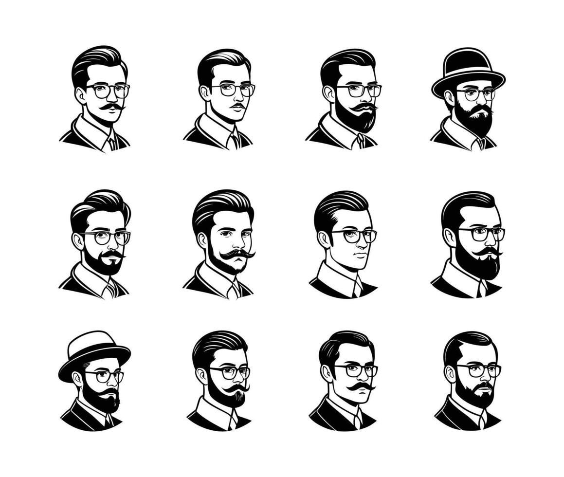 Collection of Black and White Portraits Diverse Men with Facial Hair and Glasses Showcasing Various Styles in a Clean Graphic Design Format on a vector