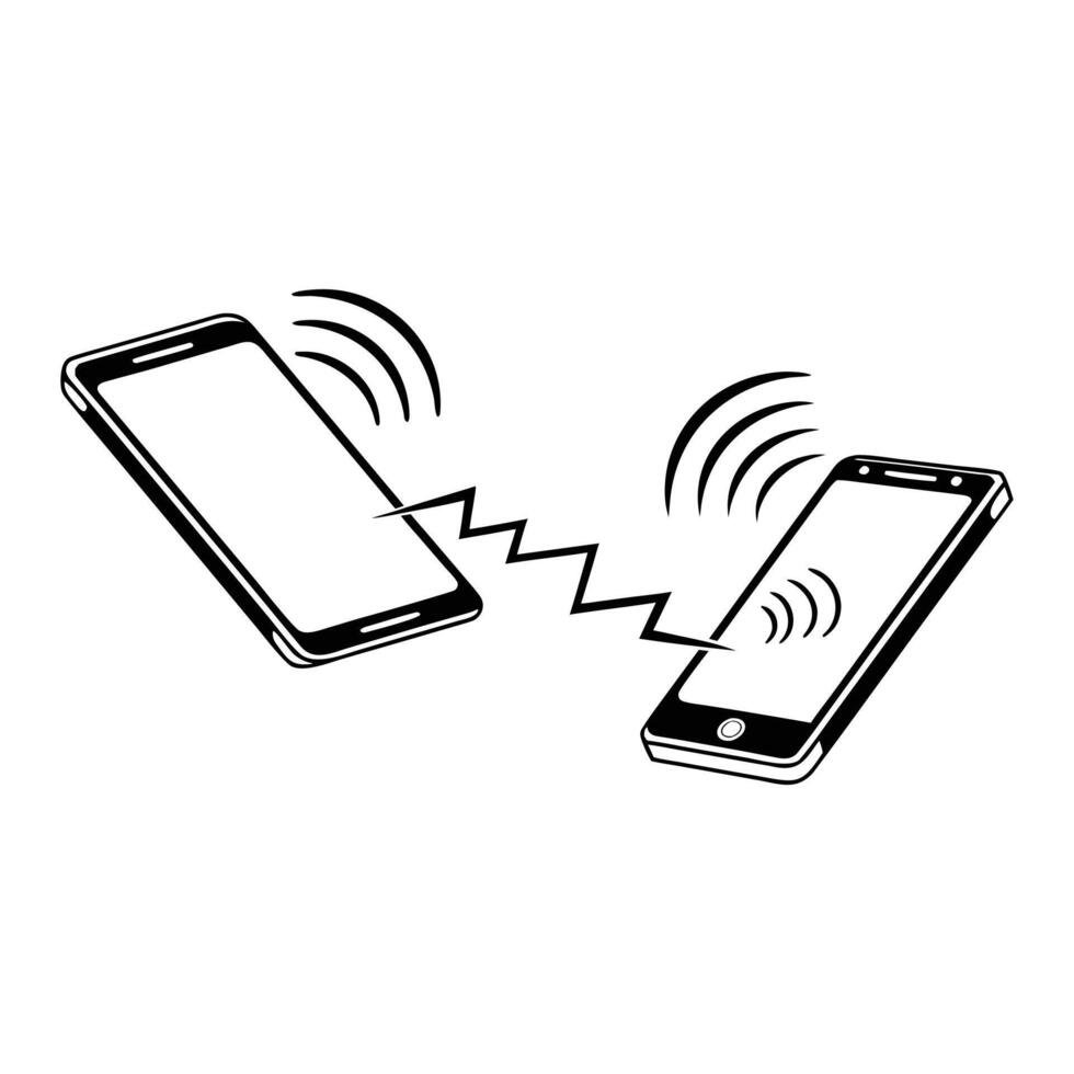 Two smartphones transferring data wirelessly depicted with a lightning bolt connection and signal waves in a minimalist black and white illustration vector