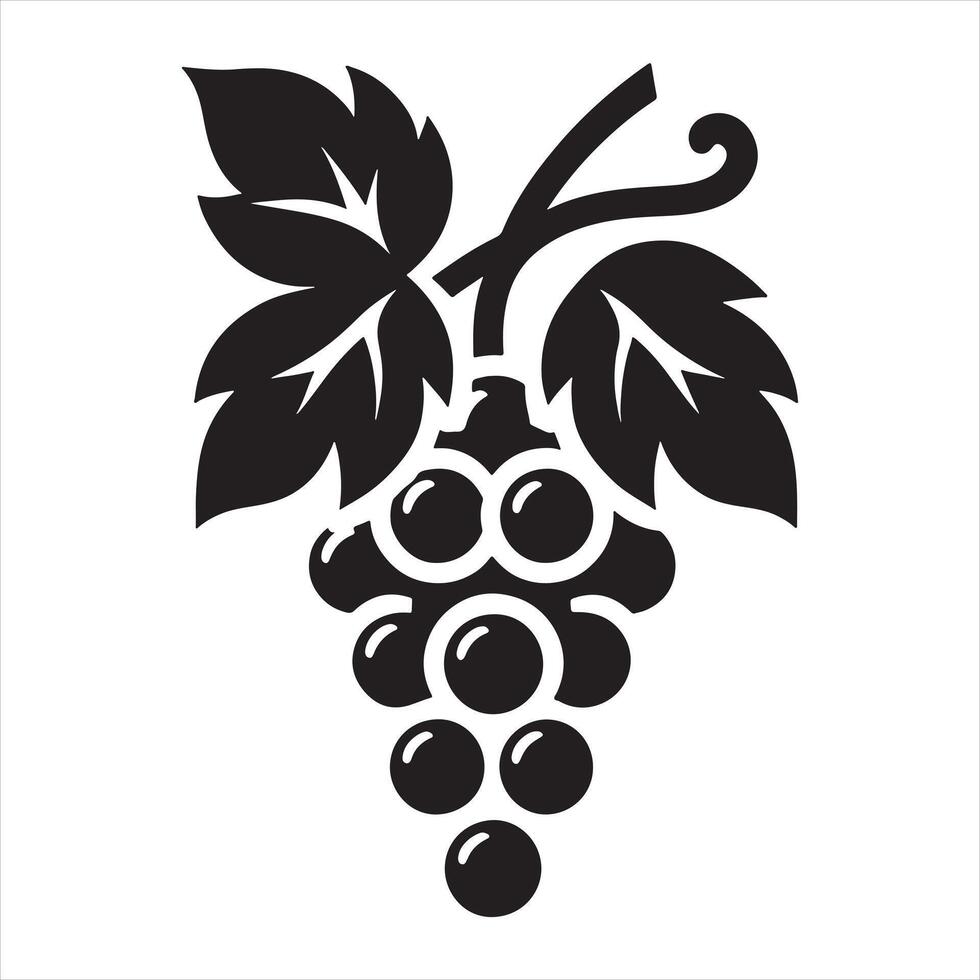 Black silhouette of a grape cluster with leaves and vine grapes fruit vector