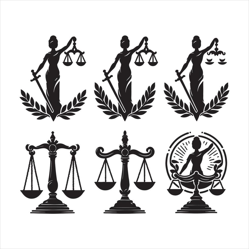 Lady Justice scales and sword emblems black silhouette graphics scales of justice laurel wreath vector