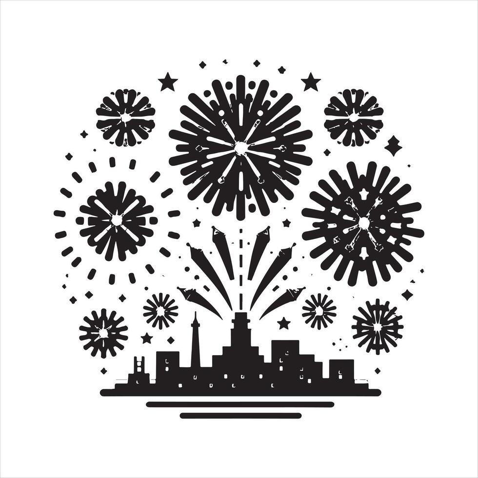 Black and white graphic of fireworks exploding over a city skyline celebration night vector