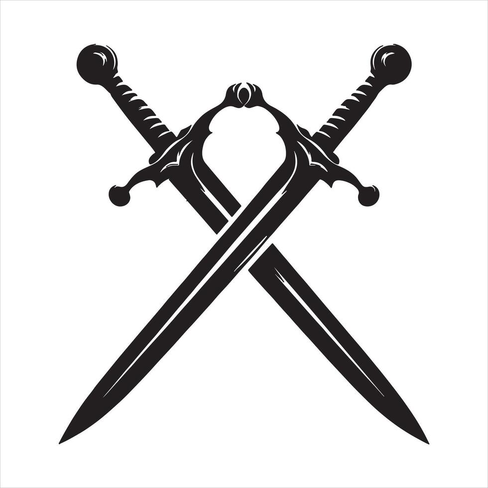 Black silhouette of two crossed swords with ornate hilts on white background weapon medieval vector