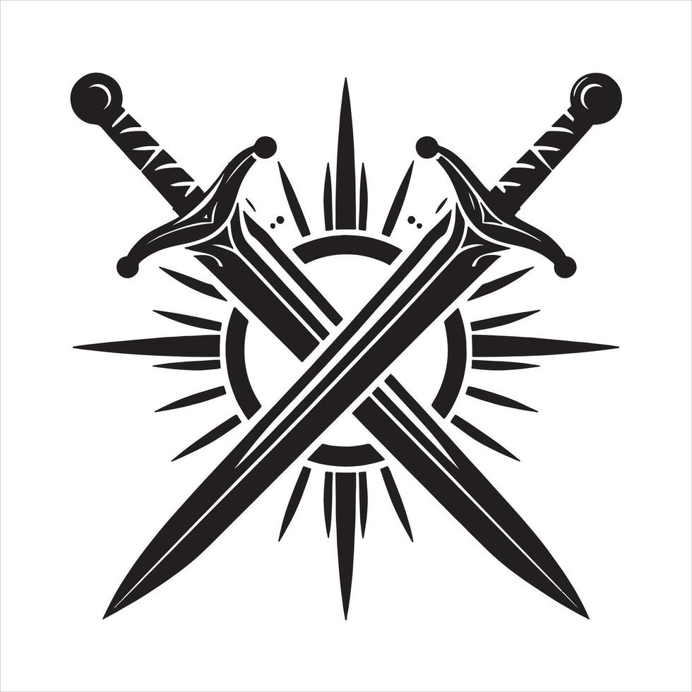 Black crossed swords emblem with sunburst and circular frame symbol heraldry vector