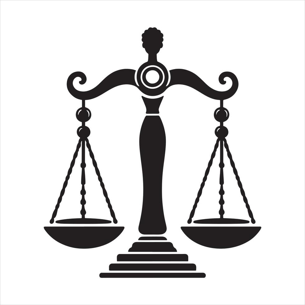 Black silhouette of justice scales with ornate details on white background balance legal vector