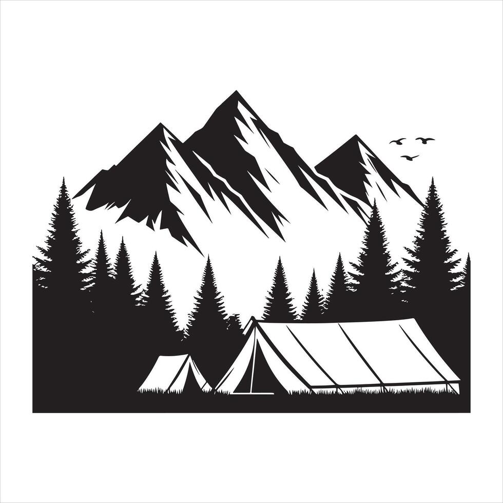 Black silhouette of tents and pine trees against jagged mountains and birds camping nature vector