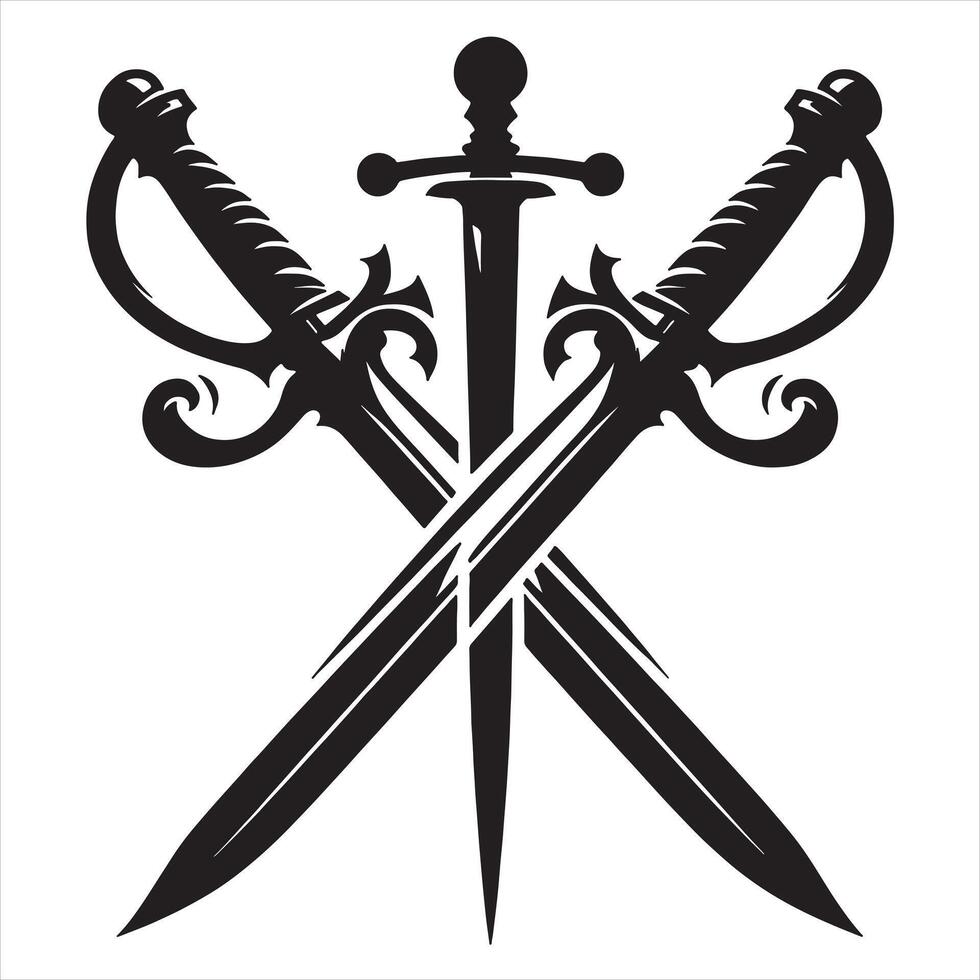 Three crossed swords black silhouette on white background weapon medieval vector