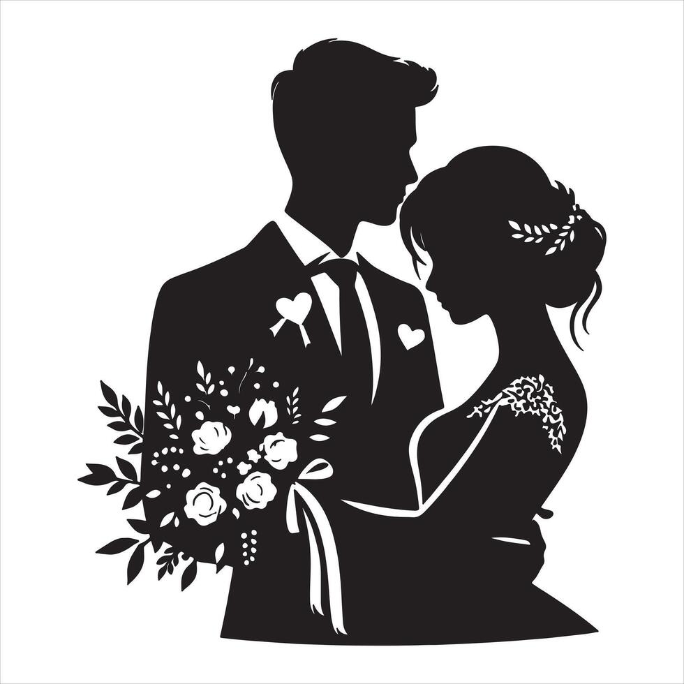 Black silhouette of a bride and groom embracing with a bouquet wedding couple vector