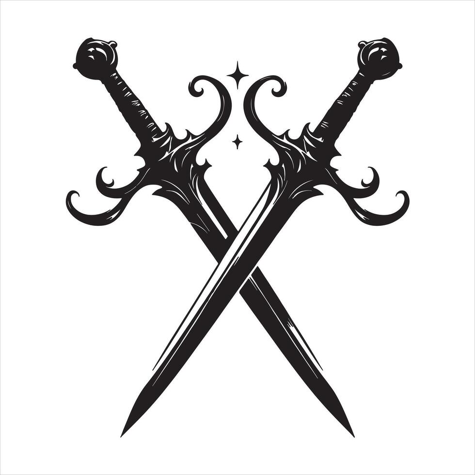 Two ornate black swords crossed with a starburst emblem between them crossed swords weapon vector