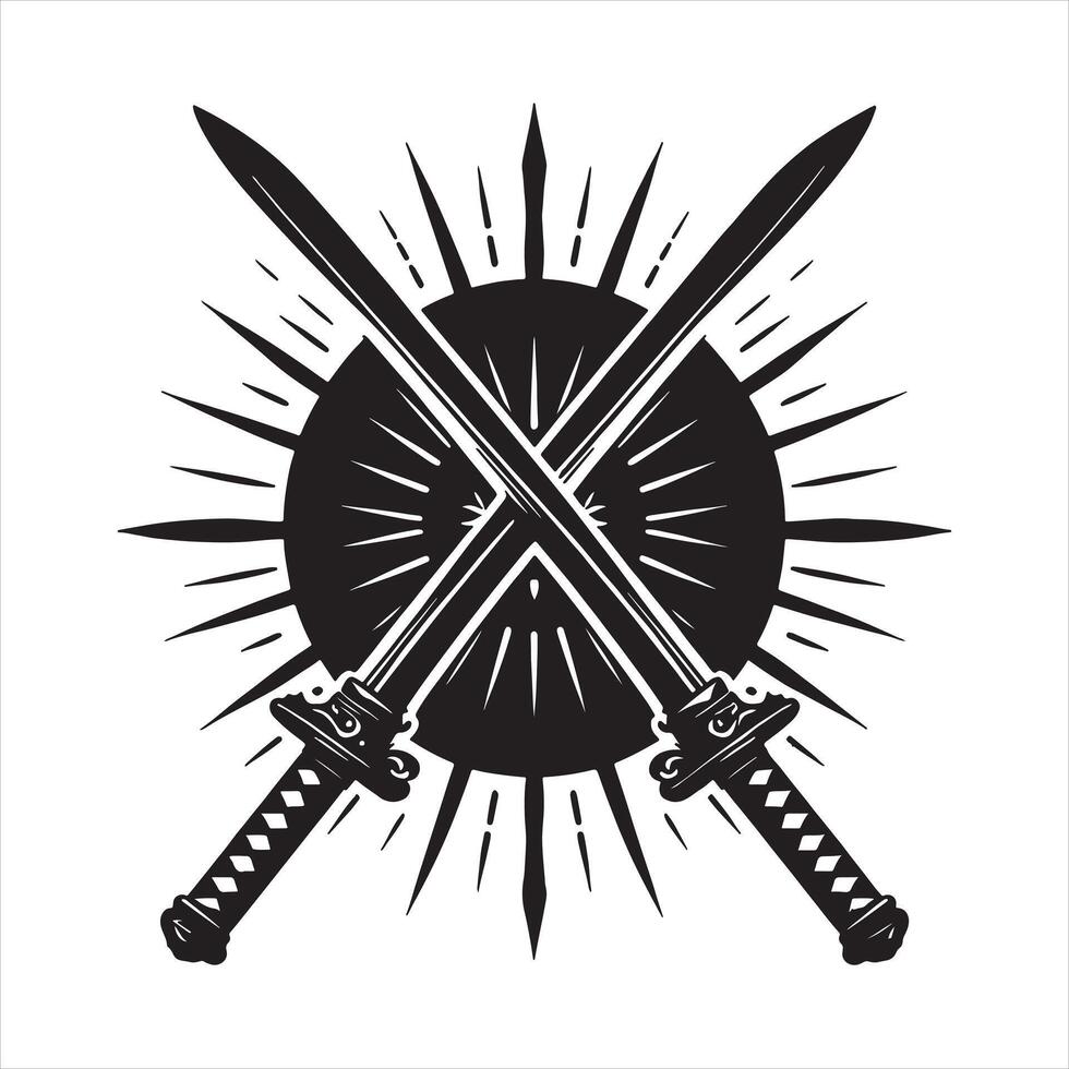 Two crossed katana swords with a sunburst emblem in black and white crossed swords samurai vector