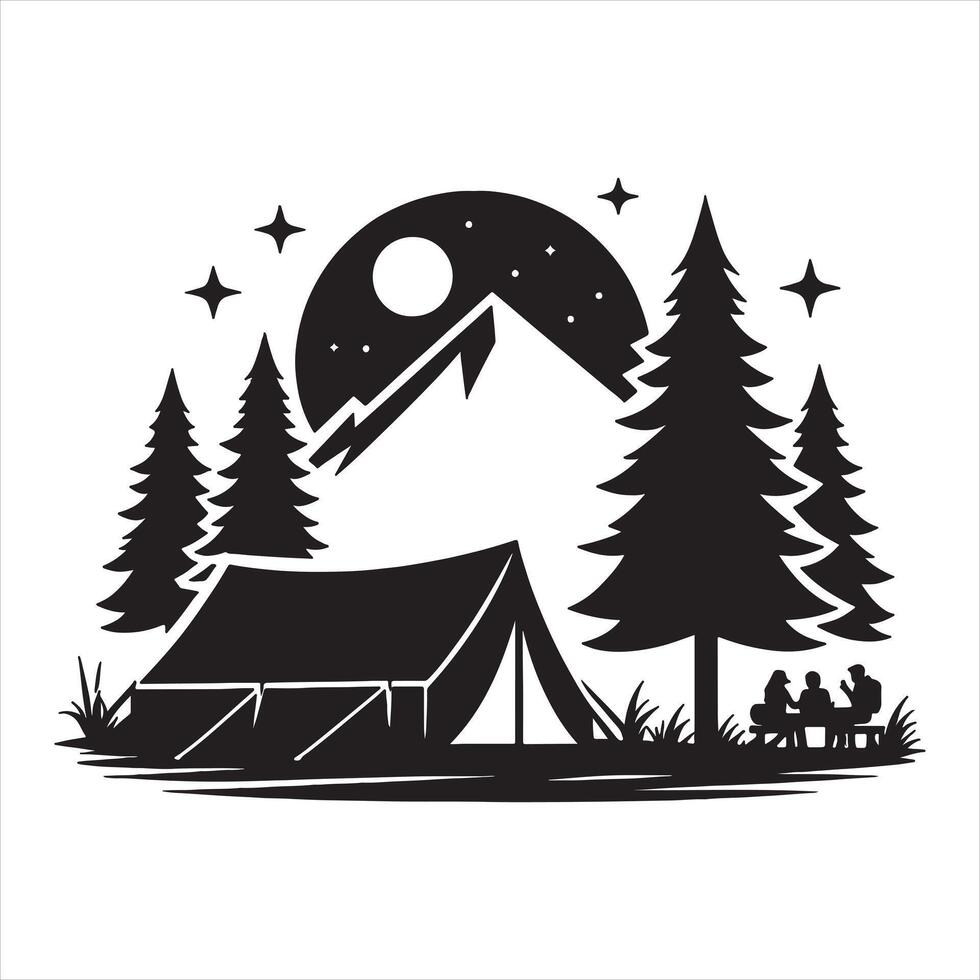 Black silhouette of camping scene with tent mountains moon and people night vector