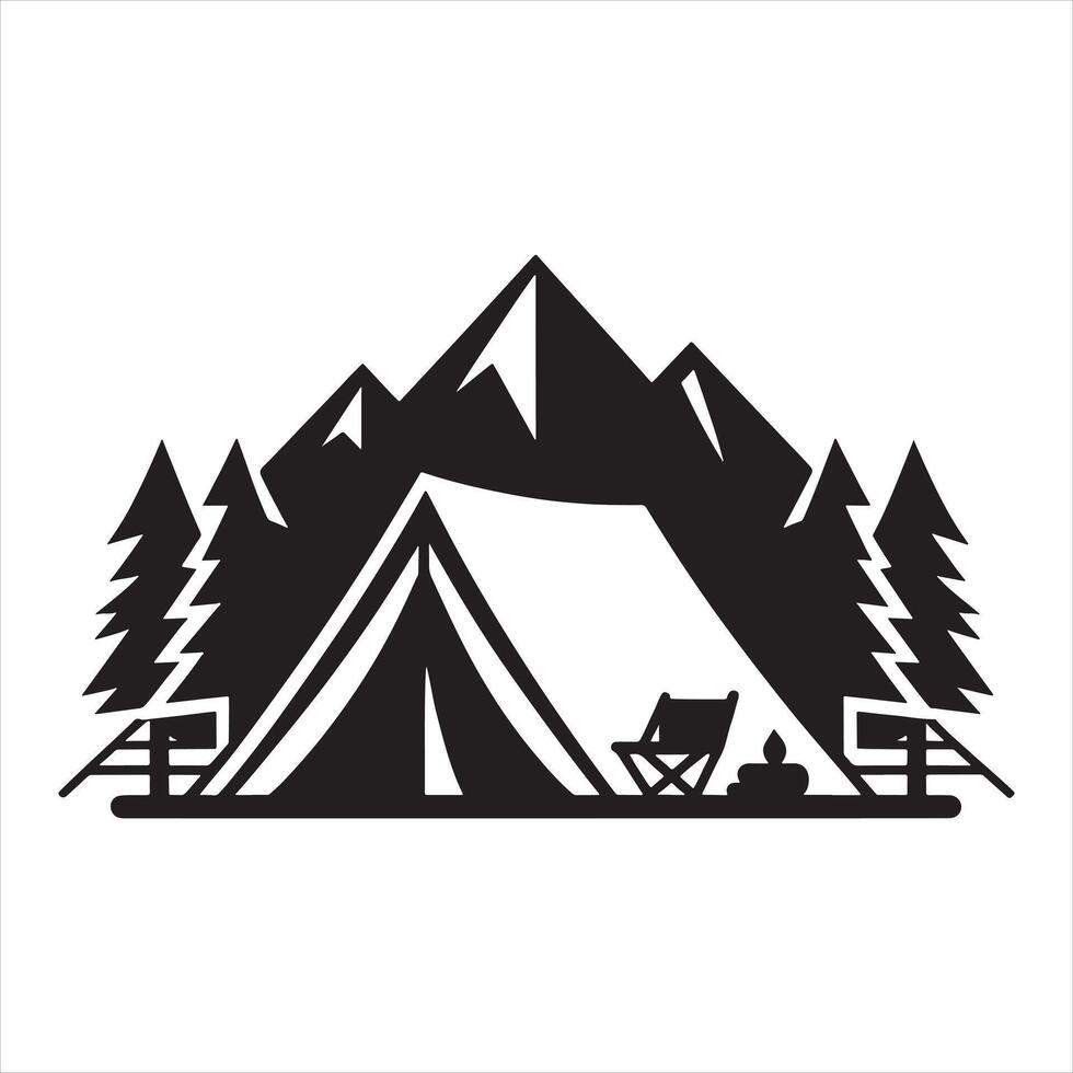 Black silhouette of a campsite with tent mountains and trees camping vector