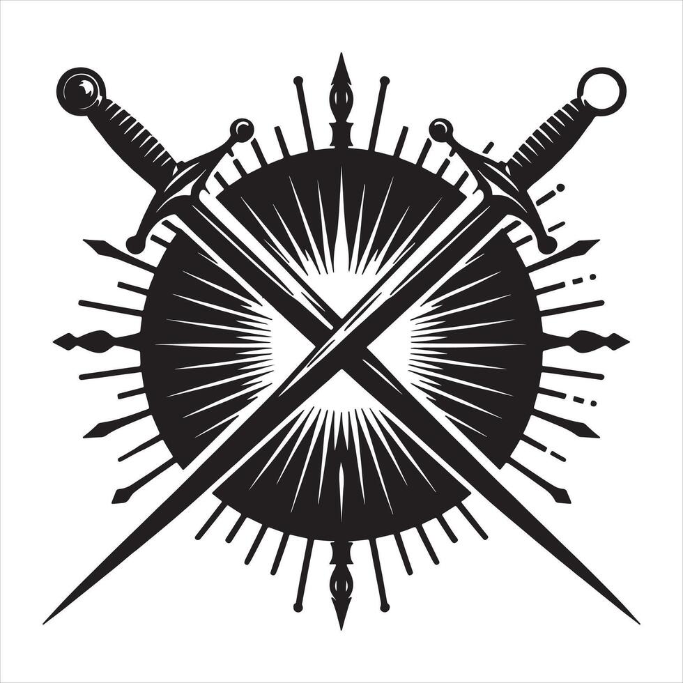 Two crossed swords in front of a sunburst emblem with pointed rays vector