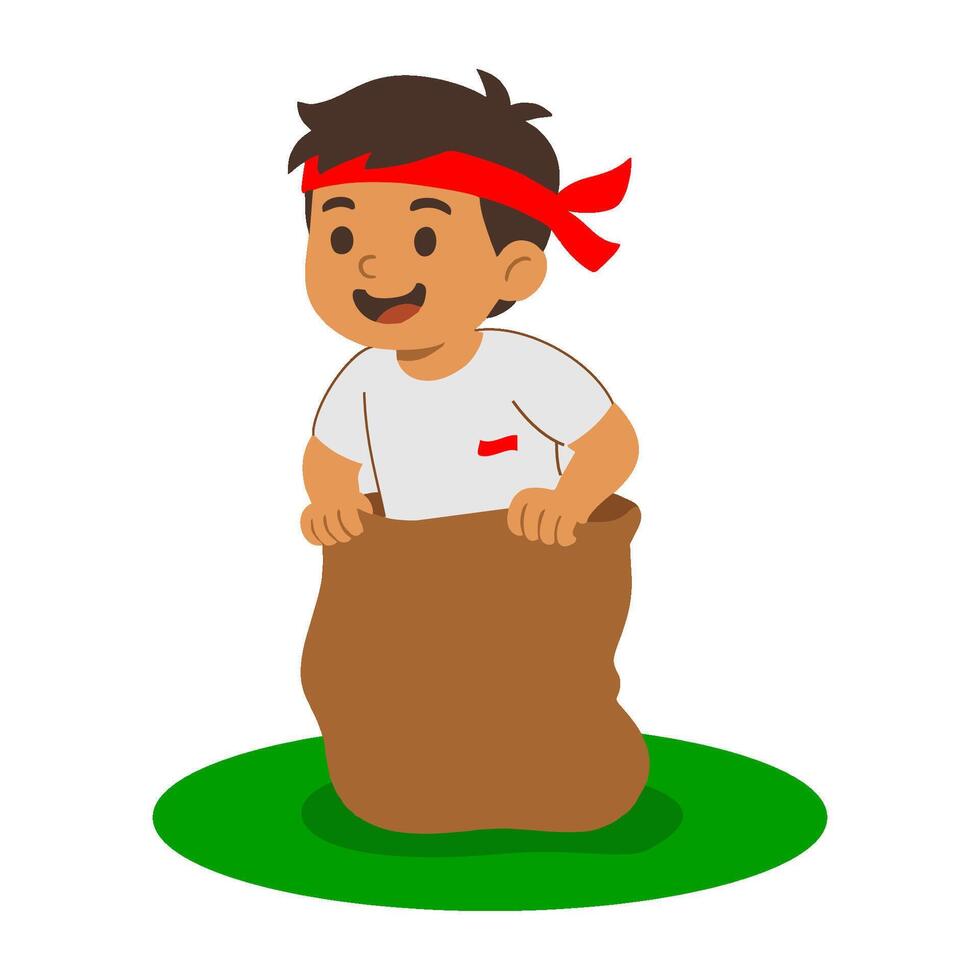 Indonesian Boy in Sack Race Traditional Game for Independence Day vector