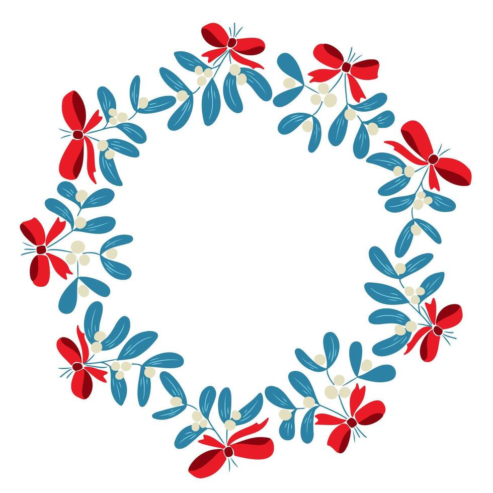 Christmas mistletoe wreath with blue leaves, white berries, and red bows in festive circular arrangement. Represents holiday tradition, decoration, and seasonal cheer in a hand drawn style vector