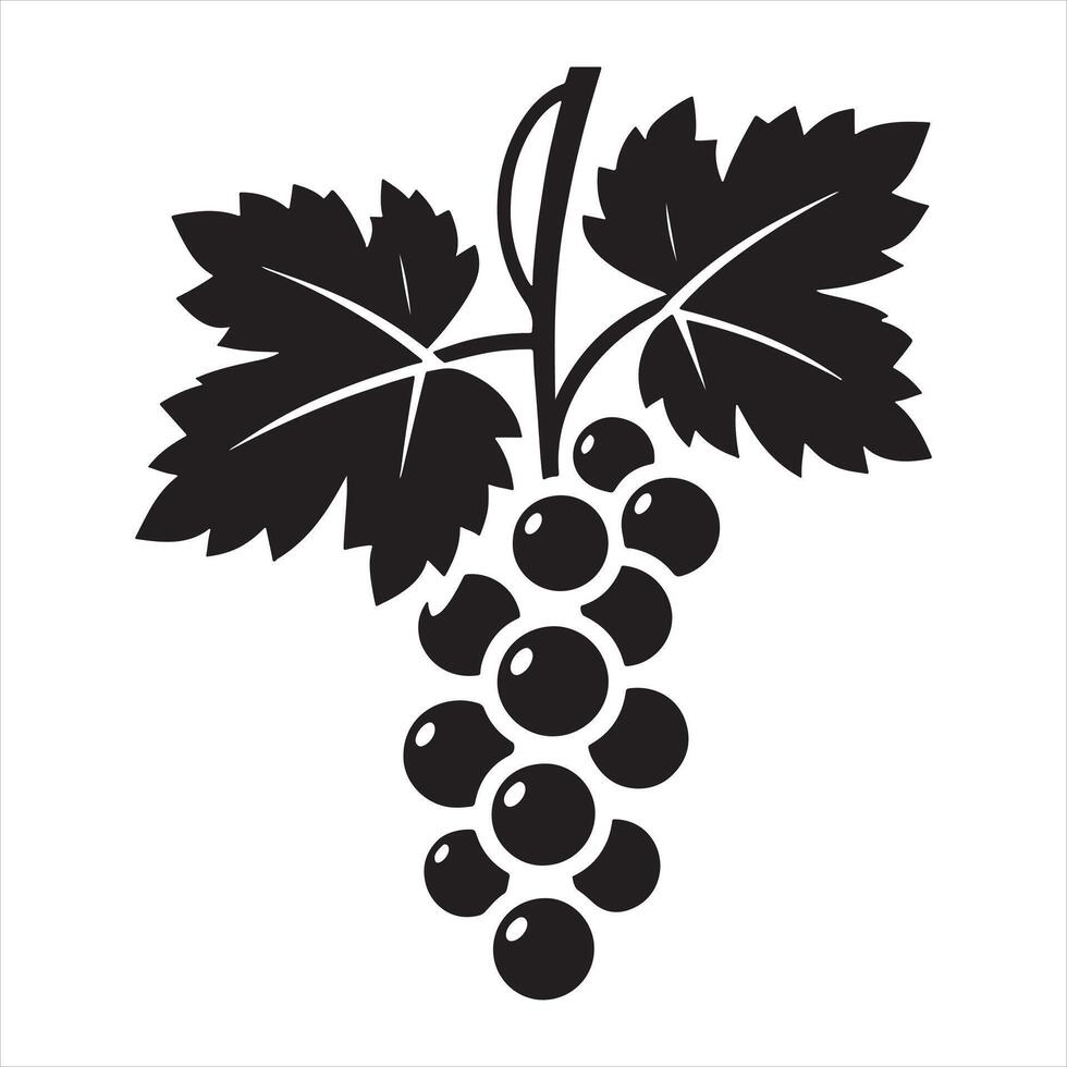 Black silhouette of a grape cluster with leaves on white background grapes fruit 1 vector