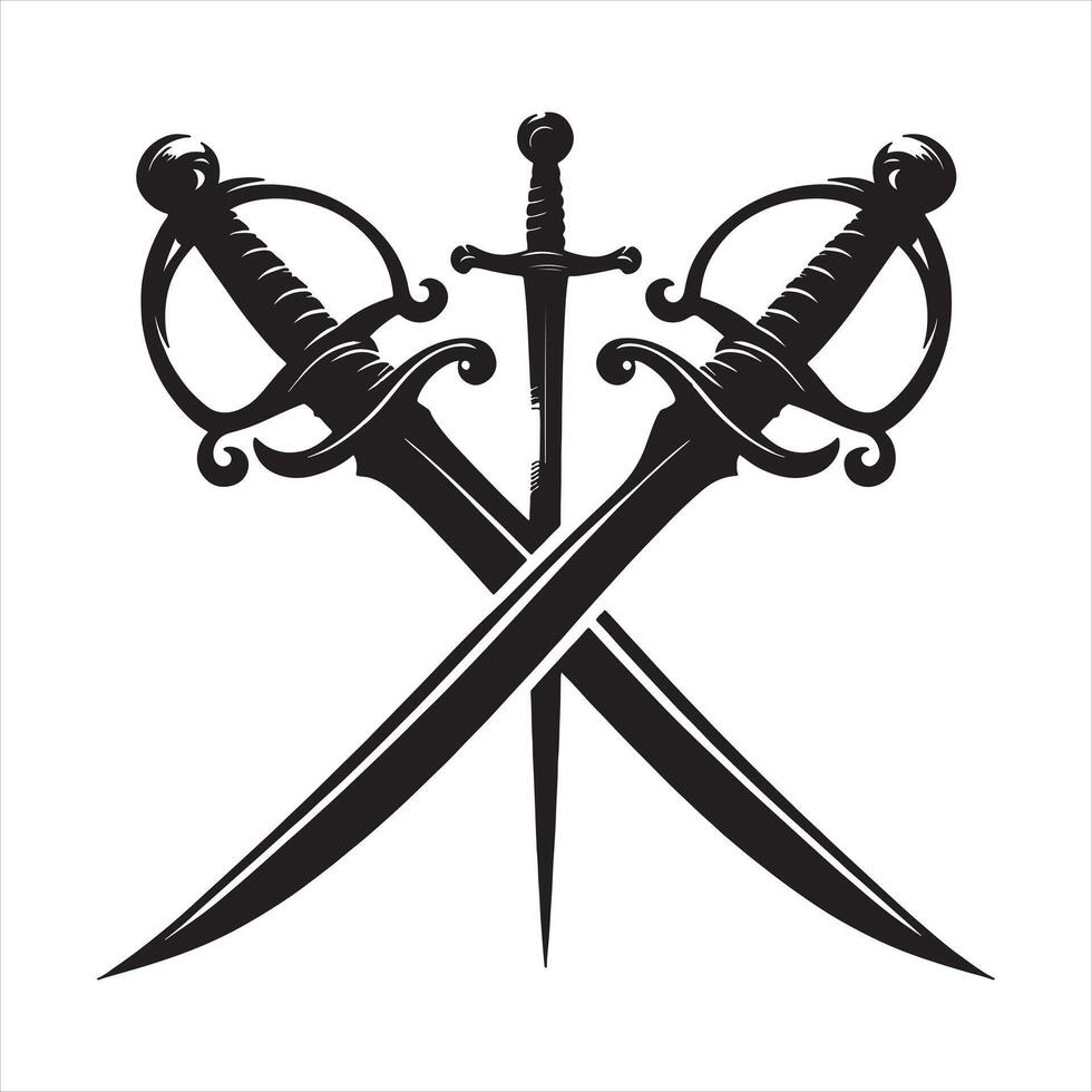 Crossed sabers and dagger emblem black and white graphic sword vector