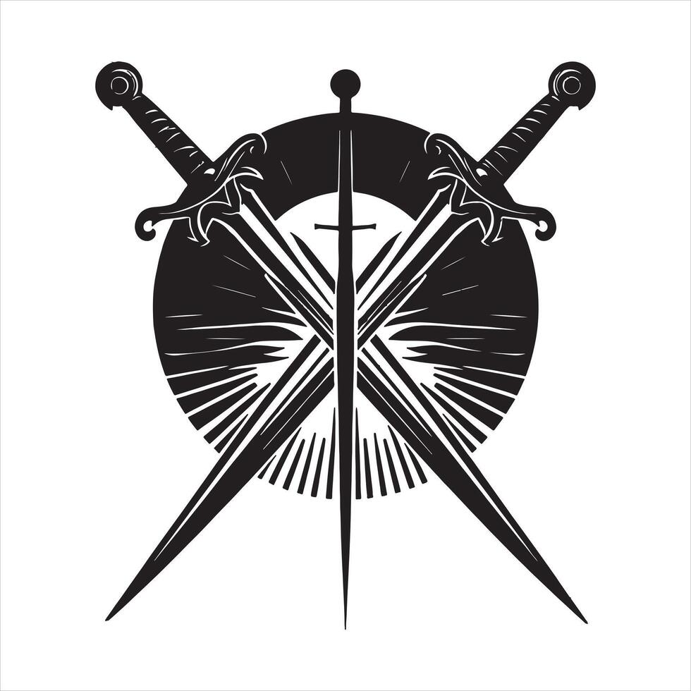 Black crossed swords emblem with sunburst and circular frame symbol medieval vector