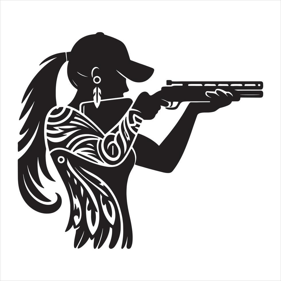 Black silhouette of woman wearing baseball cap shooting a rifle target vector