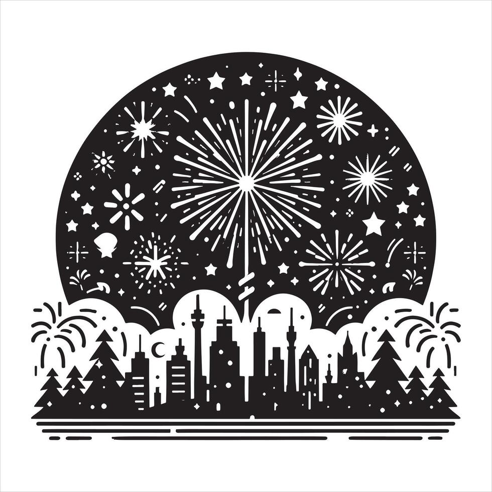 Black and white graphic of fireworks over city skyline and pine trees silhouette vector
