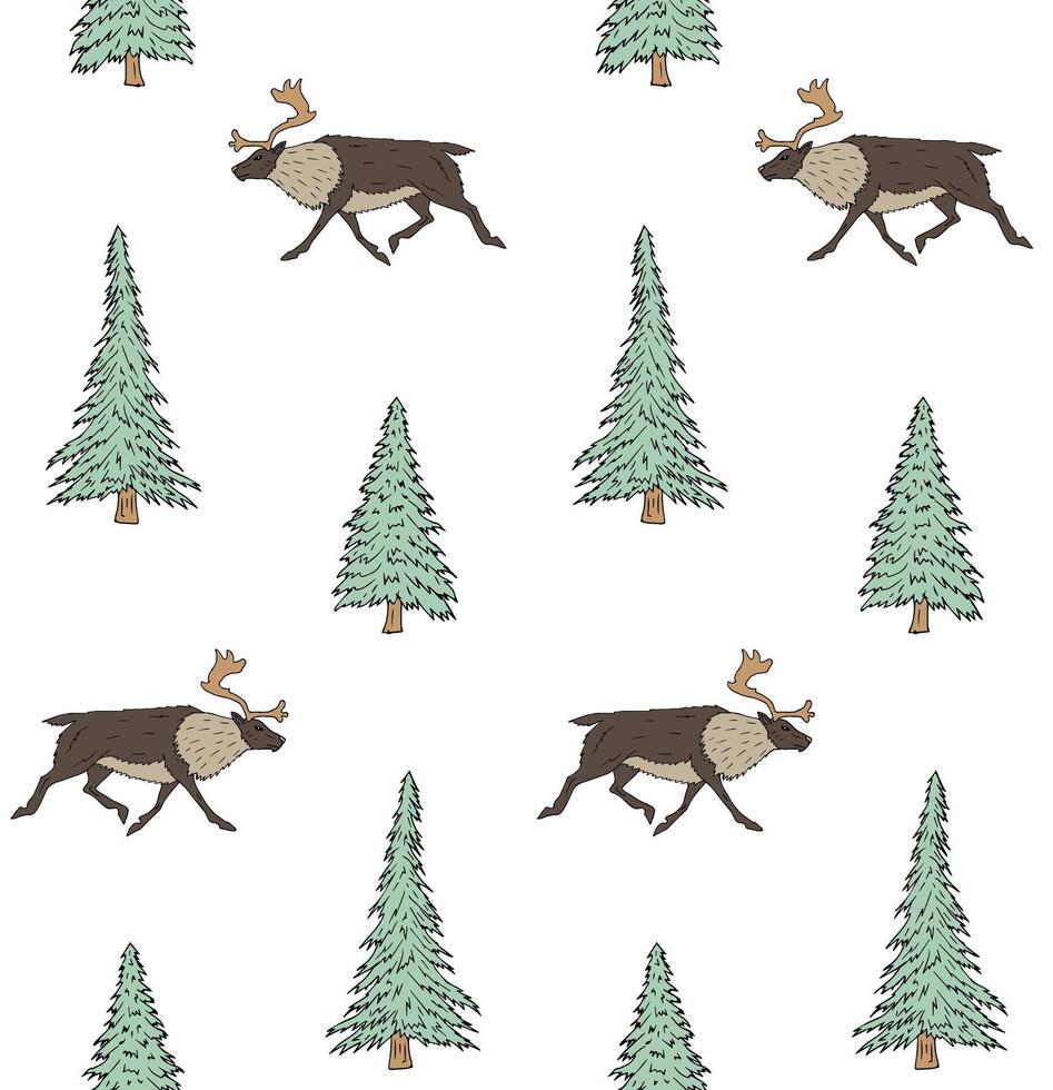 Seamless pattern of hand drawn doodle sketch reindeer and spruce tree isolated on white vector