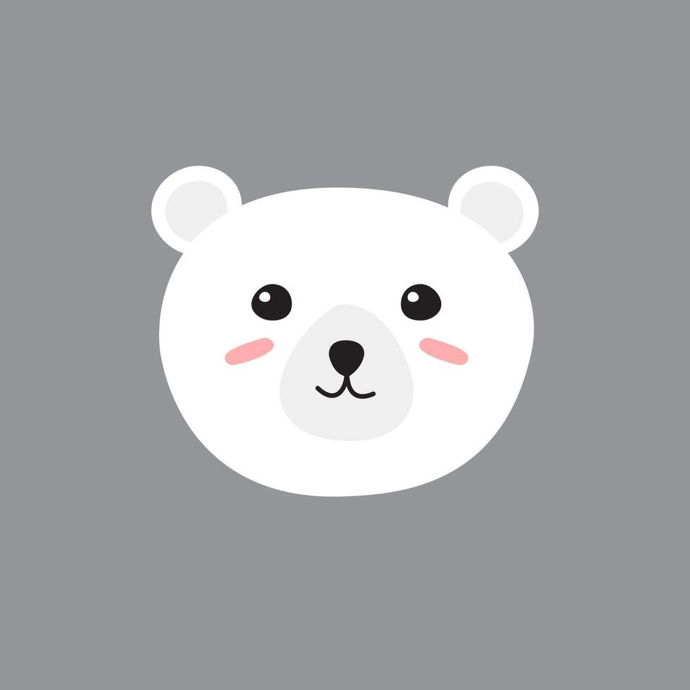 Flat cartoon hand drawn doodle polar bear face isolated on gray background vector