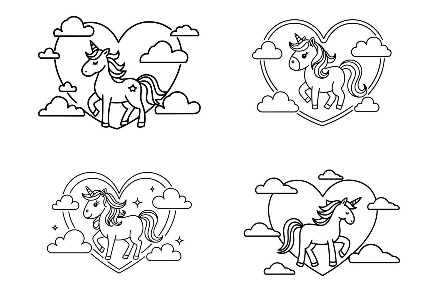 Cute Unicorn Line Art Set with Heart and Cloud Elements Whimsical Fantasy Pony Drawing for Kids Coloring Book Magical Animal Black and White Cartoon Design Perfect for Nursery and Craft Projects vector
